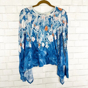 Meadow Rue - Anthropologie Blue Floral Linen & Cotton Sharkbite Tee Women's XS